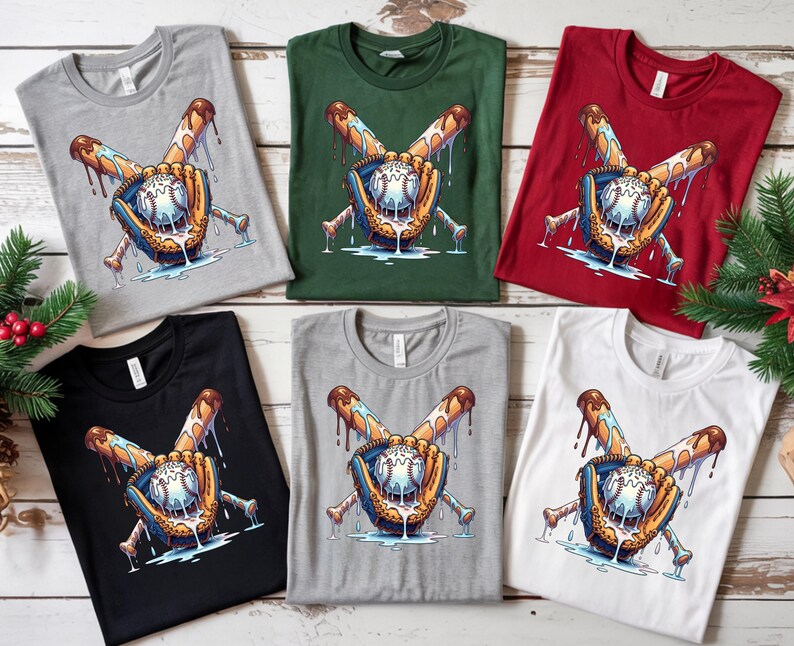 May include: A collection of t-shirts in various colors, including gray, green, red, black, and white. Each shirt features a baseball-themed graphic with a baseball, glove, and crossed bats with a dripping design.