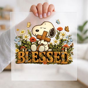 Blessed Wooden Cross Cartoon DTF, Christian DTF Transfer Ready For Press, Beagle Faith Design Dtf Prints, Ready To Press, Direct To Film