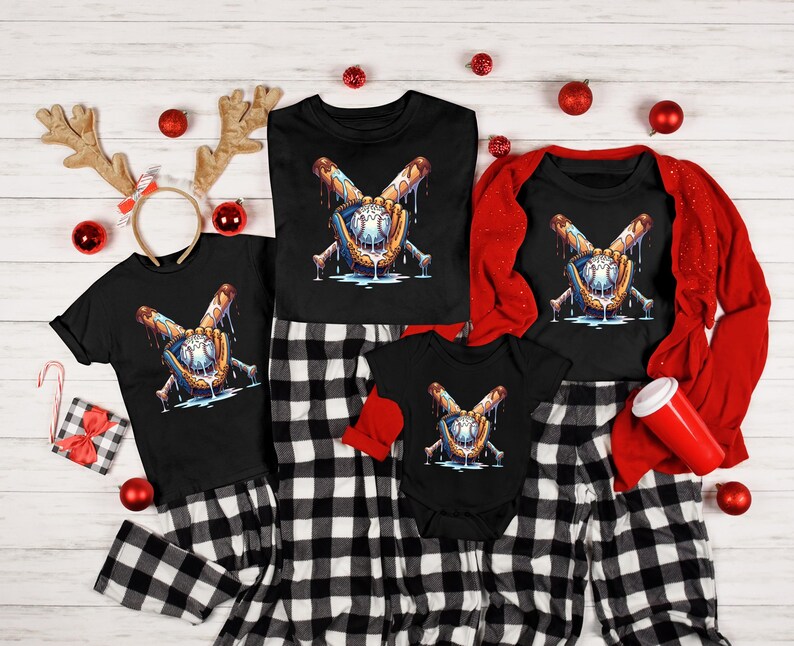 May include: A family set of black t-shirts and pajamas with a baseball-themed graphic. The shirts feature a baseball and glove design with dripping ice cream. The pajamas are black and white checkered. A red cardigan and baby onesie are also included.