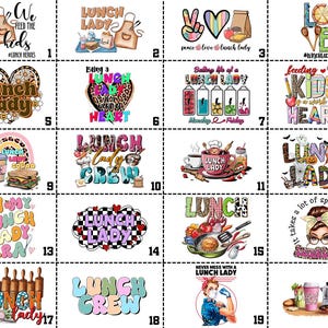 May include: A collage of 20 colorful graphic designs, each featuring text and illustrations related to lunch ladies. Designs include aprons, hearts, food items, and phrases like "Lunch Lady Era" and "We Feed the Kids."
