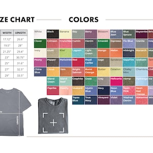 May include: A size and color chart for t-shirts. The chart displays sizes from S to 4XL, with width and length measurements in inches. A wide range of colors are shown, including white, black, and various shades of blue, green, and red.