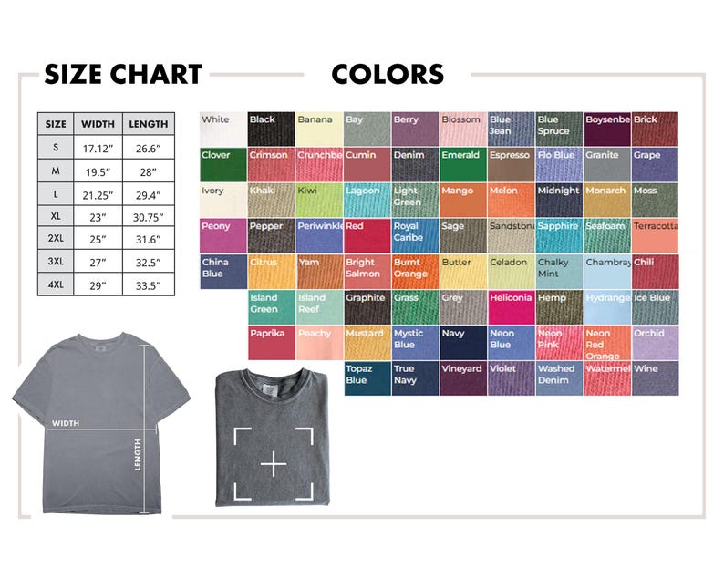 May include: A size and color chart for t-shirts. The chart displays sizes from S to 4XL, with width and length measurements in inches. A wide range of colors are shown, including white, black, and various shades of blue, green, and red.