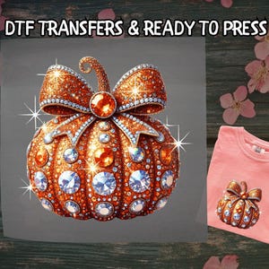Rhinestone Pumpkin DTF, Fall Glitter Pumpkin with Bow DTF Transfer Ready For Press, Glam Autumn, Dtf Prints, Ready To Press, Direct To Film
