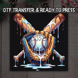 May include: A baseball-themed graphic on a black background, featuring a baseball, glove, and crossed bats, all with a melting ice cream design. The text "DTF TRANSFER & READY TO PRESS" is at the top. The design has brown, blue, and white colors.