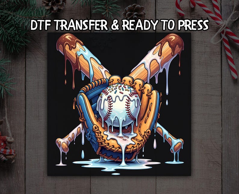 May include: A baseball-themed graphic on a black background, featuring a baseball, glove, and crossed bats, all with a melting ice cream design. The text "DTF TRANSFER & READY TO PRESS" is at the top. The design has brown, blue, and white colors.