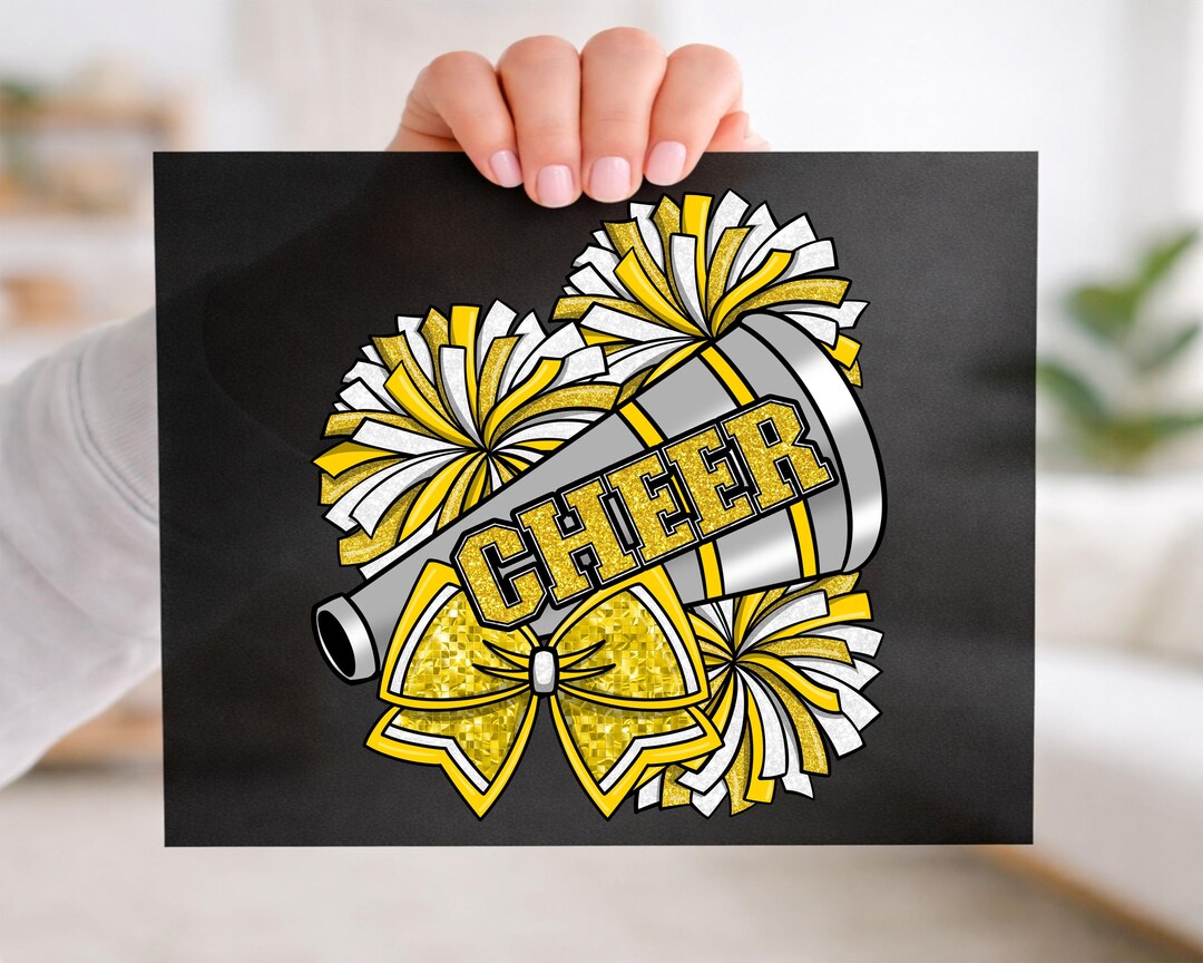 Yellow Cheer Pattern Yellow Cheer Bow DTF, Pom Pom Cheer Team DTF Transfer Ready for Press ...