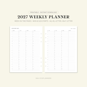 May include: A 2027 weekly planner printable with a week on two pages layout. The text reads 2027 WEEKLY PLANNER, PRINTABLE INSTANT DOWNLOAD, WEEK ON TWO PAGES, MON & SUN STARTS, A4, A5, LETTER, HALF LETTER, JANUARY 2027, and DAILYCOPLANNERS.