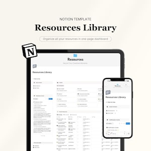 Puede incluir: Una plantilla digital de Notion para una biblioteca de recursos, que se muestra en una tableta y un teléfono inteligente. La plantilla es blanca con texto negro, y el título "Resources Library" se muestra de forma destacada. La imagen incluye el texto "Organiza todos tus recursos en un panel de una página."