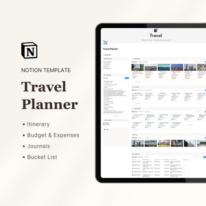 May include: A digital travel planner template displayed on a tablet. The screen shows a detailed itinerary, budget, and journal sections. The template includes a bucket list feature. The text on the screen reads "Travel Planner" and "Record Your Cherished Moments."