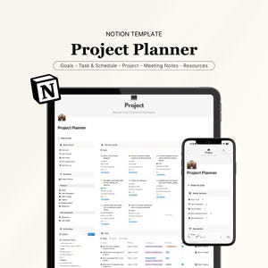 May include: A digital project planner template displayed on a tablet and smartphone. The tablet shows a detailed project layout with sections for goals, tasks, and schedules. The smartphone mirrors the design, with the text "Project Planner" visible.
