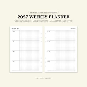 May include: A 2027 weekly planner printable with a week on two pages layout. The pages feature a grid design with Monday through Sunday starts, labeled for A4, A5, letter, and half letter sizes. The text reads 2027 WEEKLY PLANNER and DAILYCOPLANNERS.