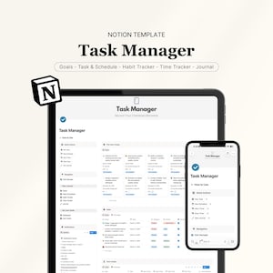 Plantilla de administrador de tareas de Notion: seguimiento de objetivos, seguimiento de hábitos, seguimiento de tiempo, diario, planificador de productividad, panel de control y planificador digital.