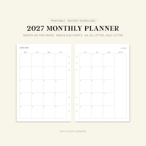 Könnte beinhalten: Ein druckbarer Monatsplaner für 2027 mit einer Monatsübersicht auf zwei Seiten und Optionen für den Wochenstart am Montag oder Sonntag. Das Design enthält Rasterkalender für Januar mit Notizbereich, verfügbar in A4, A5, Letter und Half Letter.