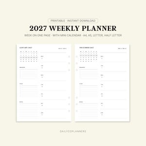 Peut inclure: Un planificateur hebdomadaire 2027 à imprimer en téléchargement instantané avec une mise en page d'une semaine par page, un mini calendrier, des priorités, une liste de tâches et des notes. Texte : 2027 WEEKLY PLANNER et DAILYCOPLANNERS.