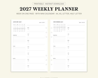 May include: A 2027 weekly planner printable instant download featuring a week on one page layout with a mini calendar, priorities, to-do list, and notes sections. The text includes 2027 WEEKLY PLANNER, PRINTABLE INSTANT DOWNLOAD, and DAILYCOPLANNERS.