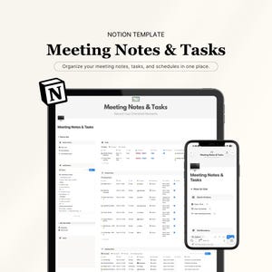 Pode incluir: Um modelo Notion digital para notas e tarefas de reuniões, exibido em um tablet e smartphone. O modelo foi projetado para organizar notas, tarefas e horários. A imagem inclui o texto "Meeting Notes & Tasks."
