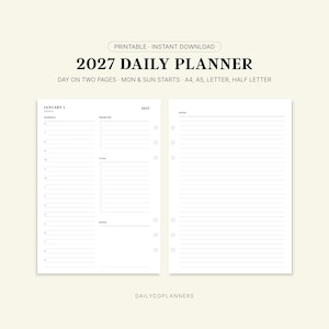 Puede incluir: Un planificador diario 2027 para imprimir con descarga instantánea en dos páginas con horario, prioridades, lista de tareas y notas. El diseño incluye el texto January 1, Friday, 2027, compatible con tamaños A4, A5, Letter y Half Letter.