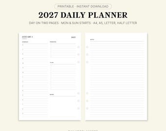 Puede incluir: Un planificador diario 2027 para imprimir con descarga instantánea en dos páginas con horario, prioridades, lista de tareas y notas. El diseño incluye el texto January 1, Friday, 2027, compatible con tamaños A4, A5, Letter y Half Letter.