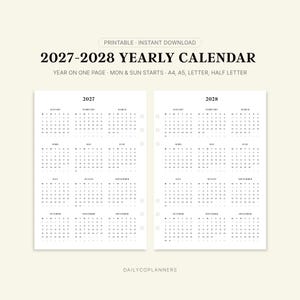 May include: A printable 2027-2028 yearly calendar set featuring a year-on-one-page layout for each year. The black and white design includes monthly grids with Monday and Sunday start options, compatible with A4, A5, Letter, and Half Letter sizes.