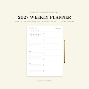 May include: A 2027 weekly planner page featuring a January calendar, sections for priorities, to-do lists, and notes, with days of the week listed from Monday to Sunday. The text includes 2027 WEEKLY PLANNER, WEEK ON ONE PAGE, and DAILYCOPLANNERS.