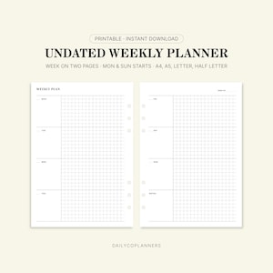 Puede incluir: Un planificador semanal sin fecha imprimible en dos páginas con un diseño de cuadrícula de lunes a domingo. El texto dice: PRINTABLE INSTANT DOWNLOAD, UNDATED WEEKLY PLANNER, WEEK ON TWO PAGES, MON & SUN STARTS, A4, A5, LETTER, HALF LETTER, DAILYCOPLANNERS.