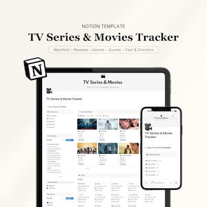 May include: A digital Notion template for tracking TV series and movies, displayed on a tablet and smartphone. The template includes sections for watchlists, reviews, genres, quotes, and cast & directors. The text "TV Series & Movies Tracker" is visible.