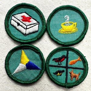 May include: Four embroidered patches with green borders. Designs include a first aid kit, a teacup, a geometric shape, and a segmented design with a bird, fish, dog, and another bird.