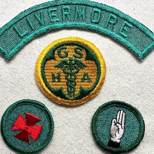 May include: A collection of embroidered patches. The top patch reads "LIVERMORE" in teal green. Below are three circular patches: one with a medical symbol, one with a red cross, and one with a hand gesture, all on a teal green background.