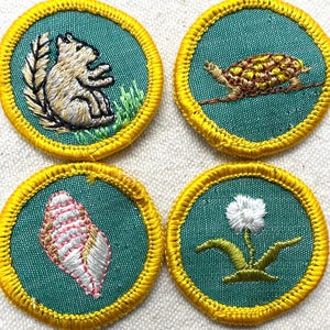 May include: Four embroidered patches with a teal background and yellow border. The patches feature a squirrel, turtle, seashell, and a flower. The squirrel is brown and white, the turtle is brown and yellow, the seashell is pink and white, and the flower is white.