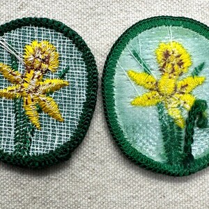 K&ouml;nnte beinhalten: Zwei runde, gestickte Aufn&auml;her mit einem gelben Narzissen-Design. Die Narzissen haben gelbe Bl&uuml;tenbl&auml;tter und braune Zentren, mit gr&uuml;nen Stielen und Bl&auml;ttern. Die Aufn&auml;her sind mit gr&uuml;nen N&auml;hten eingefasst und vor einem hellgr&uuml;nen und wei&szlig;en Hintergrund platziert.