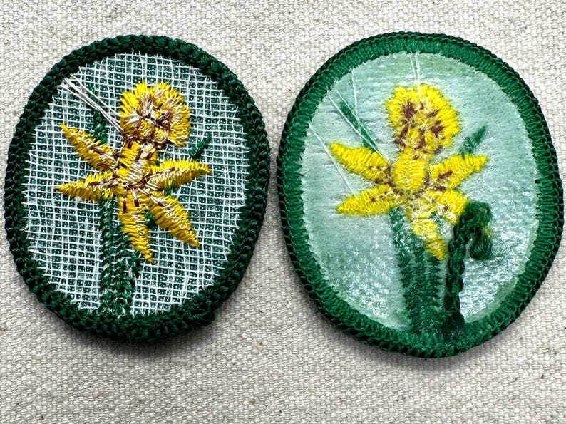 K&ouml;nnte beinhalten: Zwei runde, gestickte Aufn&auml;her mit einem gelben Narzissen-Design. Die Narzissen haben gelbe Bl&uuml;tenbl&auml;tter und braune Zentren, mit gr&uuml;nen Stielen und Bl&auml;ttern. Die Aufn&auml;her sind mit gr&uuml;nen N&auml;hten eingefasst und vor einem hellgr&uuml;nen und wei&szlig;en Hintergrund platziert.