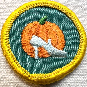 May include: Embroidered patch featuring an orange pumpkin with a green stem and a light blue letter "Q" on a green background. The patch is round with a yellow border.