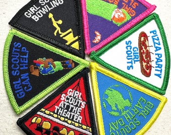 Vintage SET Girl Scout Pie Segment Fun Patches: 1999 Bowling, Theater, Sleepover, Earth Day & More - Sold as SET