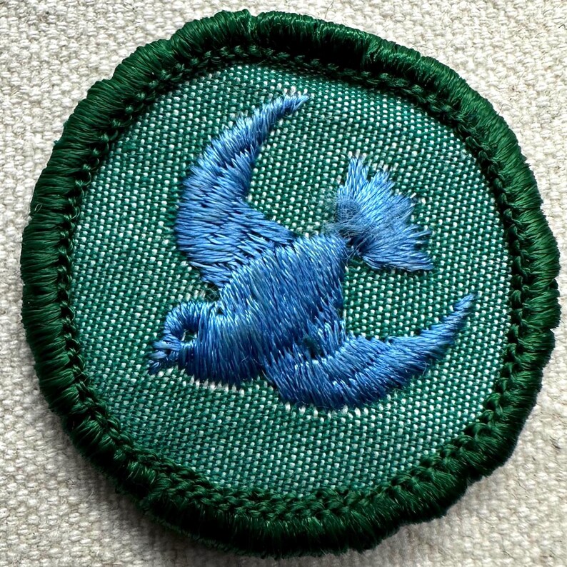 May include: Round embroidered patch featuring a blue bird in flight against a green background. The bird is intricately stitched, with a detailed wing design. The patch has a dark green border.