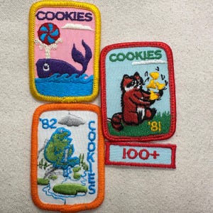 May include: Set of four embroidered patches with the word "COOKIES" on three of them. Designs include a whale with a lollipop, a raccoon with cookies, a frog, and a "100+" patch. The patches have colorful borders.