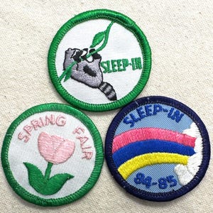 May include: Three embroidered patches with green borders. One features a raccoon with a leaf and the text "SLEEP-IN". Another has a pink tulip and the words "SPRING FAIR". The third patch has a rainbow design and the text "SLEEP-IN 84-85".