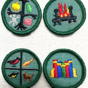Vintage 1970s Girl Scout RETIRED Junior Proficiency Badges – Choose from 4 Green border Cheesecloth Backing Patches – GSUSA - Sold Separate