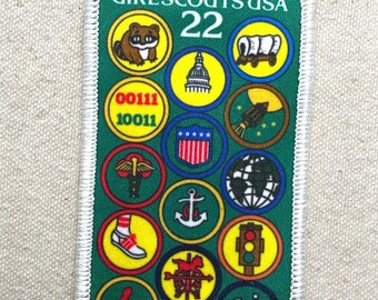 Vintage 1980s Girl Scout Patch: 75th Anniversary Commemorative 22 Stamp Design - Photo Art