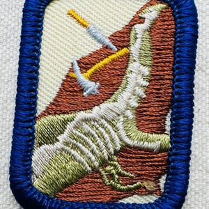 May include: Embroidered patch with a blue border. The patch features a design of a mountain with two pickaxes. The mountain is brown and green, with white and yellow accents. The background is off-white.