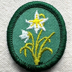 May include: Embroidered patch featuring a stylized floral design. The patch has a green oval shape with a dark green border. The central design showcases white and yellow flowers with green stems and leaves, all meticulously stitched.