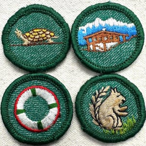 May include: Four green embroidered patches with different designs. One features a turtle, another a cabin in the mountains, a third a life preserver, and the last a squirrel with a branch.