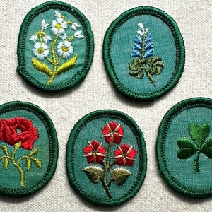 May include: Five embroidered patches with floral designs. Each patch features a different flower or plant, including a red poppy, white daisies, and a green shamrock, all on a teal background with a green border.