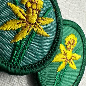 K&ouml;nnte beinhalten: Zwei gestickte Aufn&auml;her mit einem gelben Blumenmuster auf gr&uuml;nem Hintergrund. Die Aufn&auml;her haben einen gr&uuml;nen Rand. Die Blume hat gelbe Bl&uuml;tenbl&auml;tter und braune Details. Diese Aufn&auml;her sind wahrscheinlich f&uuml;r eine Uniform oder &auml;hnliches.