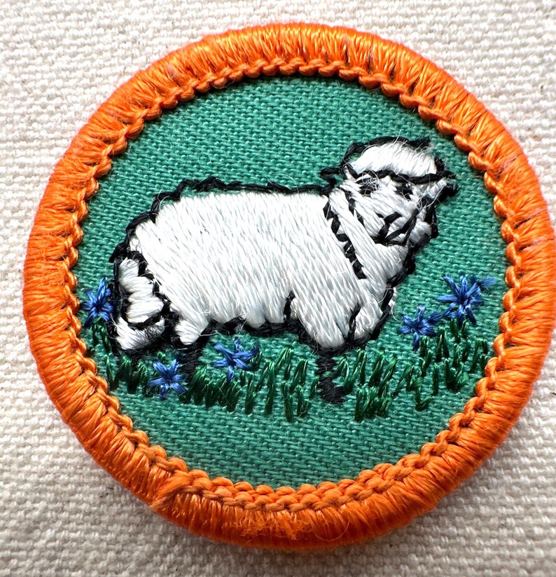 May include: Embroidered patch featuring a white sheep on a green background, surrounded by orange stitching. The sheep is depicted in a detailed, textured style, with blue flowers and green grass at its feet. A charming, pastoral design.