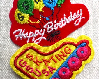 Vintage 1990s Girl Scout Fun Patches: Happy Birthday, Skating - Sold separately