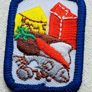 May include: Embroidered patch with a blue border. The patch features a brown bird with an orange beak, a yellow house, and a red gift box. The bird is perched on a gray object with the word "One" embroidered on it.