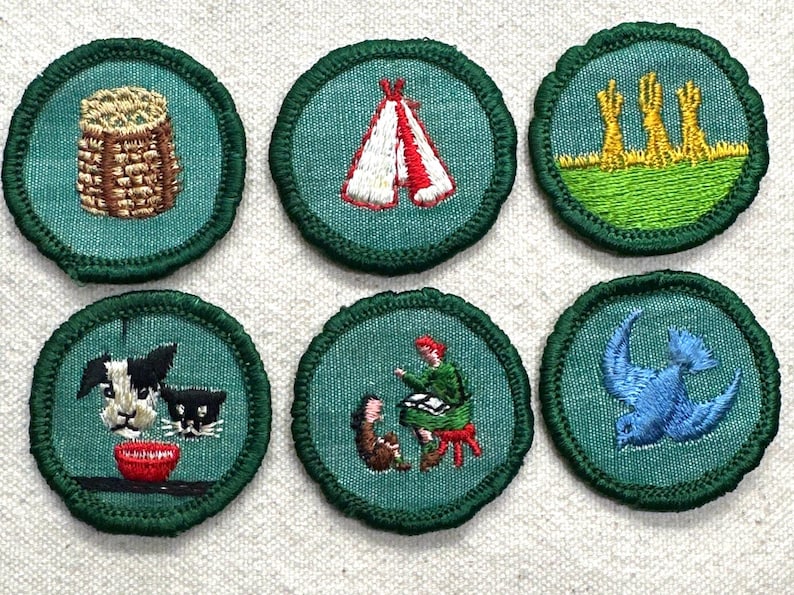 May include: Six embroidered patches with green borders and teal centers. The patches depict a woven basket, a teepee, wheat stalks, a dog and cat with a bowl, a person with animals, and a blue bird.