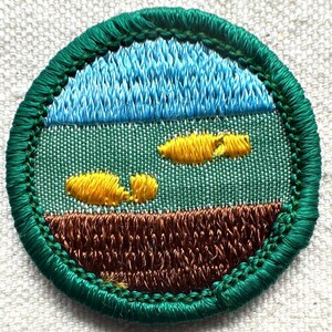 May include: Embroidered patch with a landscape design. The top section features blue stitching representing the sky, followed by a green field with yellow accents. The bottom section is brown, and the patch is bordered with green stitching.