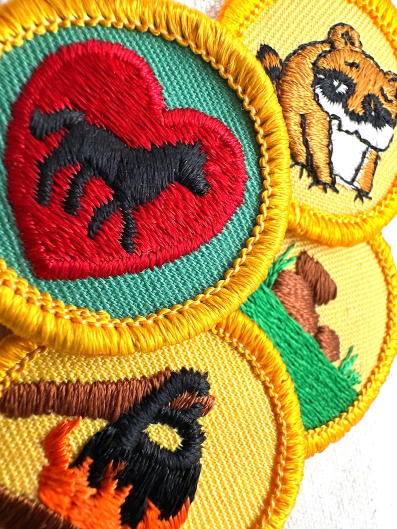 May include: Close-up of several embroidered patches with yellow borders. One patch features a black horse inside a red heart on a green background. Other patches depict a raccoon, a campfire, and a brown log.