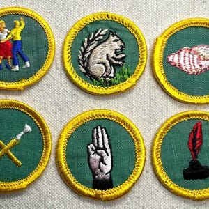 Pode incluir: Seis patches bordados com bordas amarelas e centros verdes. Os patches apresentam v&aacute;rios designs, incluindo um casal dan&ccedil;ando, um esquilo, uma concha, ferramentas cruzadas, um gesto de m&atilde;o e uma pena.